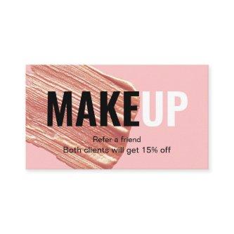 Modern elegant rose gold lipstick stroke makeup referral card