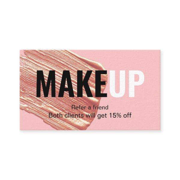 Modern elegant rose gold lipstick stroke makeup referral card