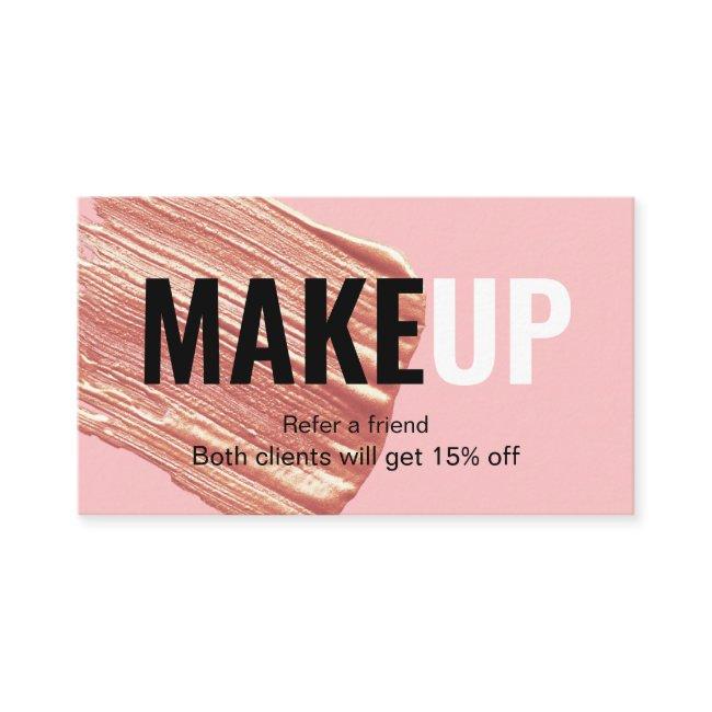 Modern elegant rose gold lipstick stroke makeup referral card