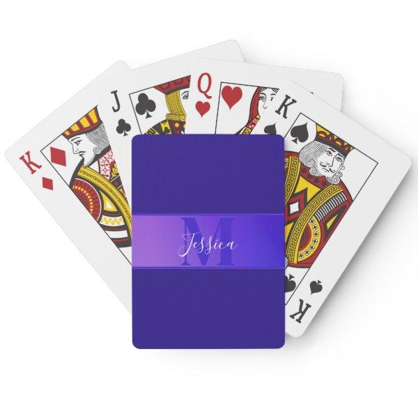 Modern Elegant Script Name & Monogram Ombre Purple Poker Cards