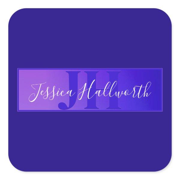 Modern Elegant Script Name & Monogram Ombre Purple Square Sticker