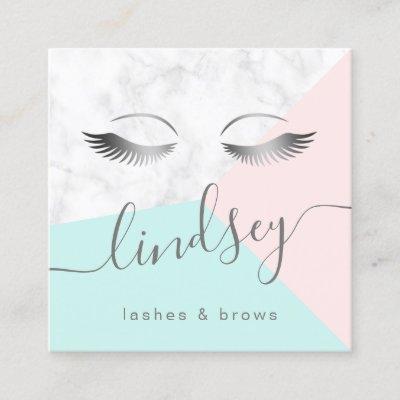 Modern elegant silver marble pink mint lashes square