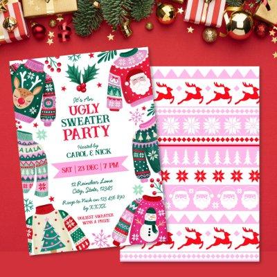 Modern Festive Ugly Sweater Red, Green and Pink Invitation