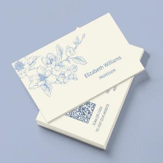 Modern Floral Blue Cream Magnolia | QR Code