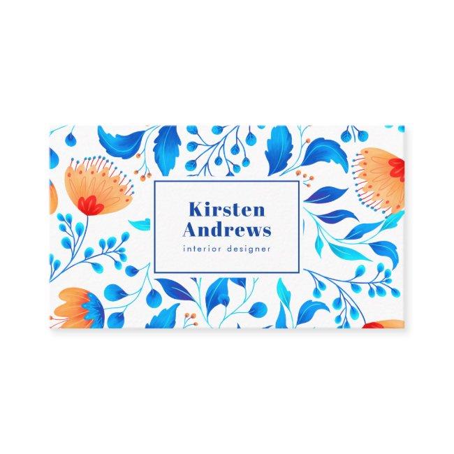 Modern floral pattern boho blue orange flowers