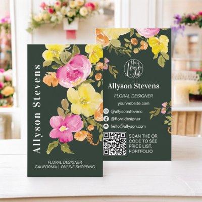 Modern floral watercolor deep green logo qr code