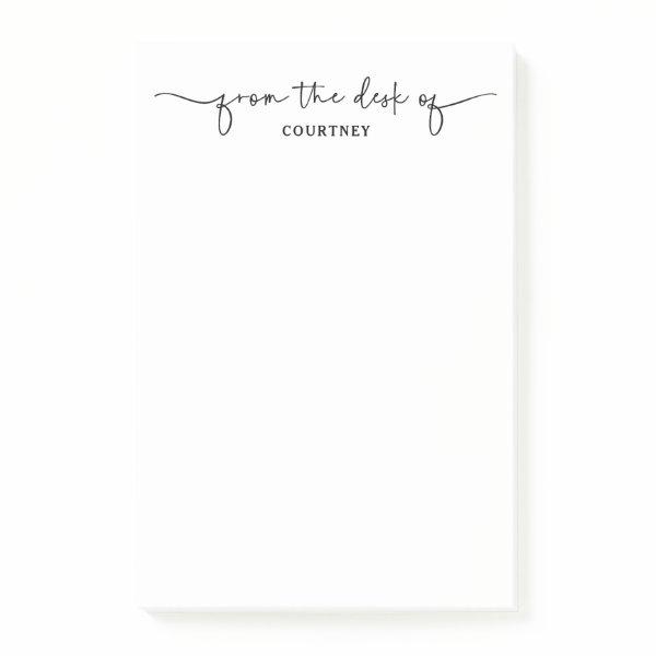 Modern From the Desk Of Black White Script Swash Post-it Notes