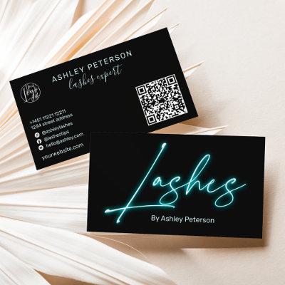 Modern glam blue neon lashes script logo qr code