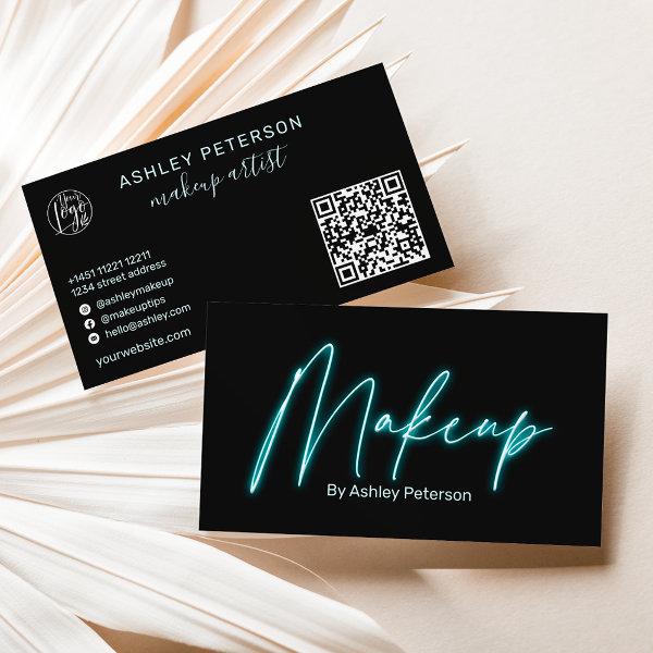 Modern glam blue neon makeup script logo qr code