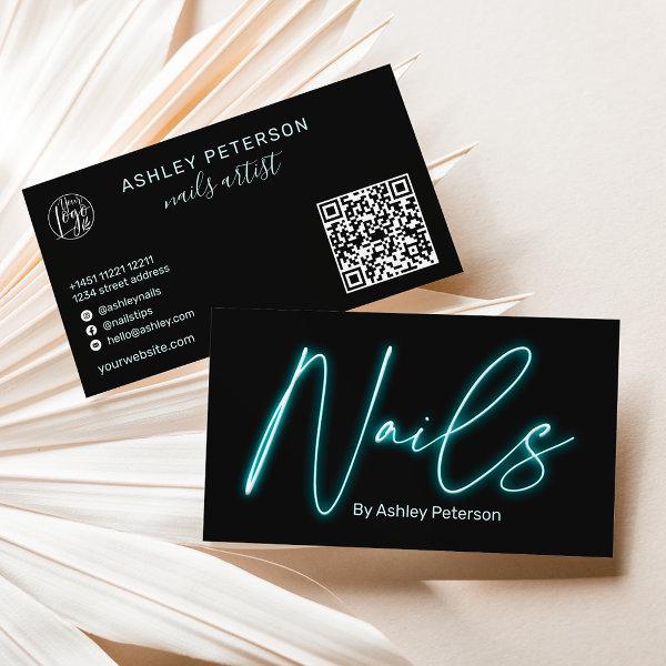 Modern glam blue neon nails script logo qr code