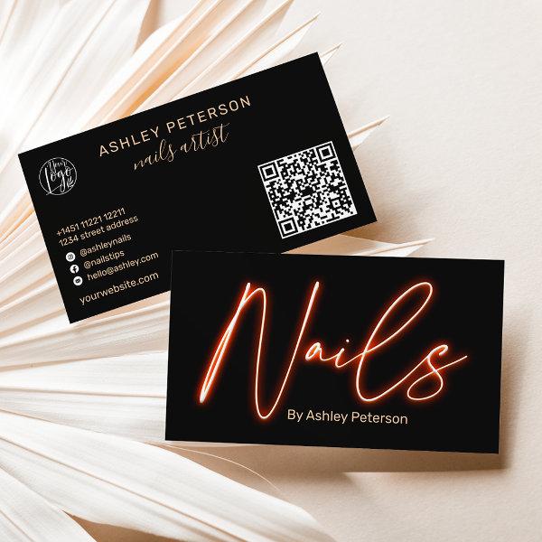 Modern glam orange neon nails script logo qr code