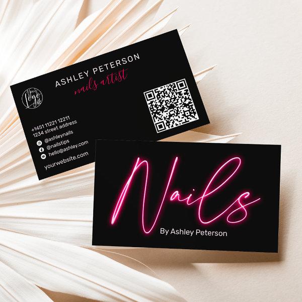 Modern glam pink neon nails script logo qr code