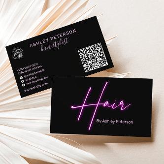 Modern glam purple neon hair script logo qr code