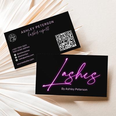 Modern glam purple neon lashes script logo qr code