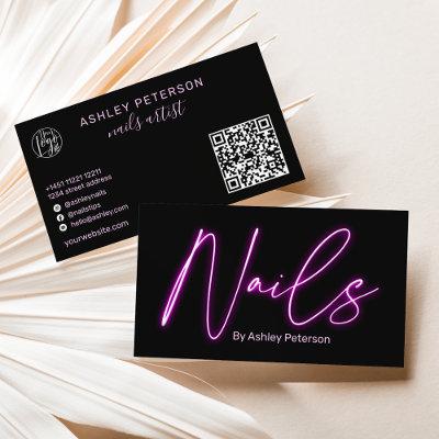 Modern glam purple neon nails script logo qr code