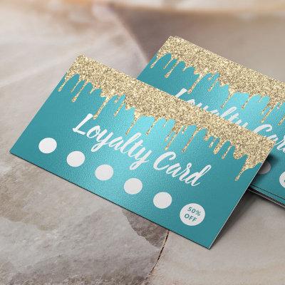 Modern Gold Glitter Drips Turquoise Salon Loyalty