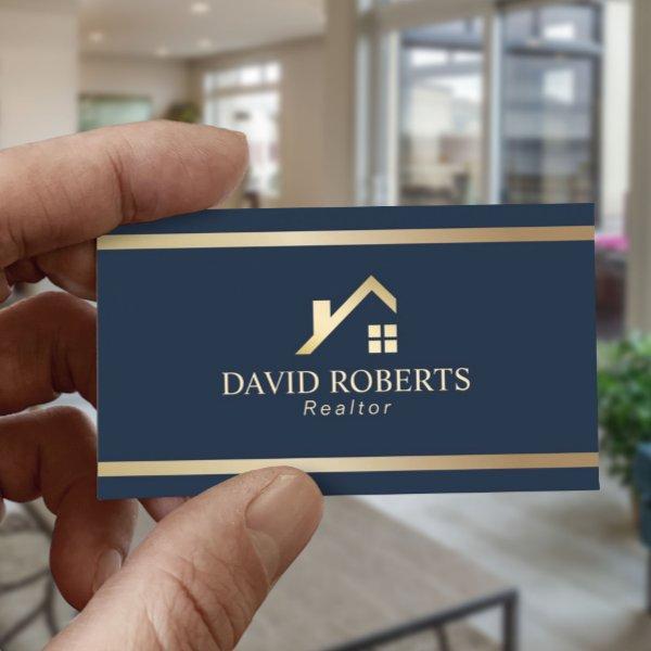 Modern Gold House Logo Real Estate Realtor Navy