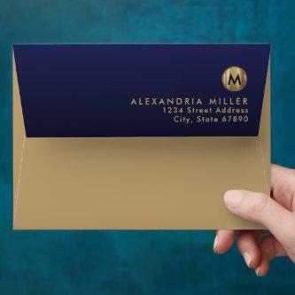 Modern Gold Monogram Navy Blue Return Address Envelope