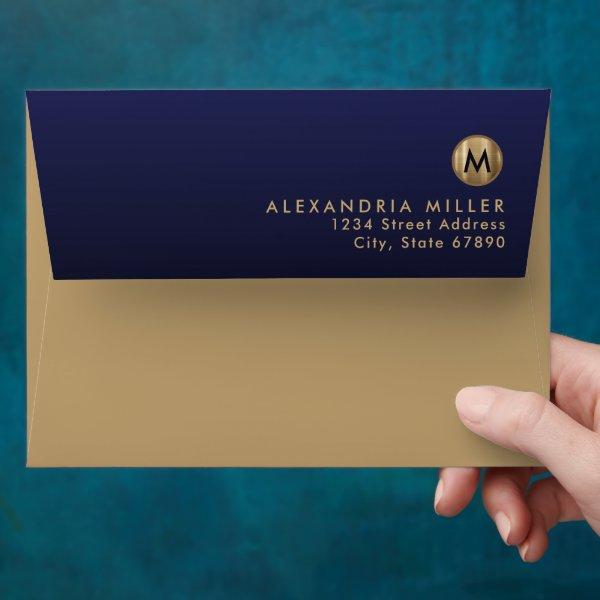 Modern Gold Monogram Navy Blue Return Address Envelope