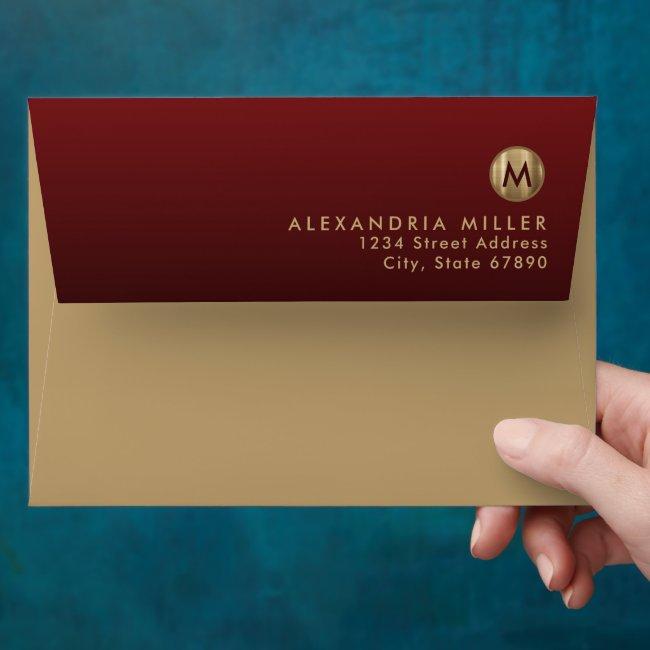Modern Gold Monogram Red Return Address Envelope