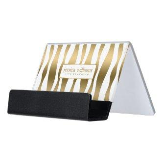 Modern Gold & White Zebra Stripes Desk  Holder