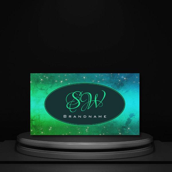 Modern Green Teal Sparkling Glitter Stars Monogram