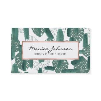 Modern Green White Monstera Leaves Brushstrokes