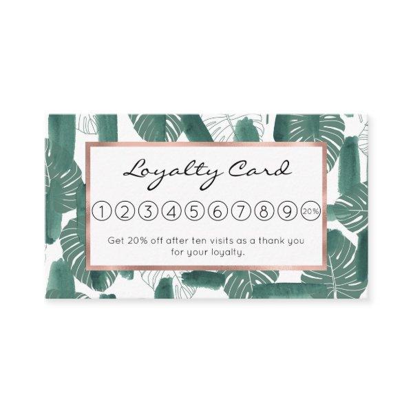 Modern Green White Monstera Leaves Brushstrokes Loyalty Card