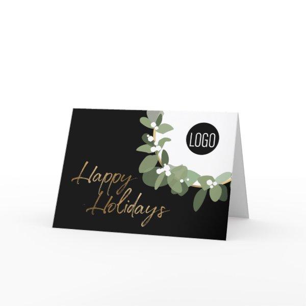 Modern Green Wreath Black Corporate Happy Holidays Holiday Card