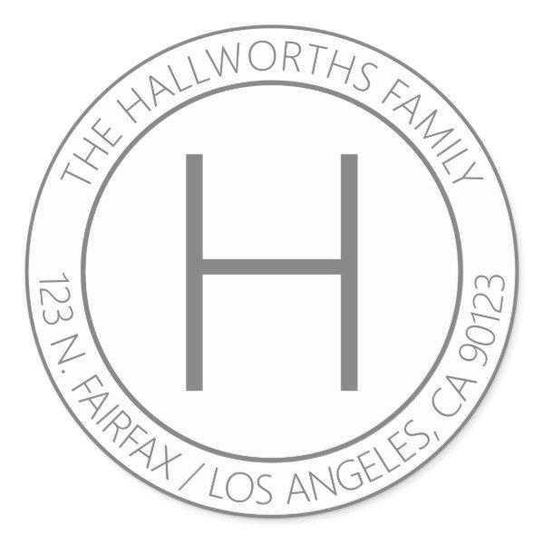 Modern Grey & White Return Address Classic Round Sticker