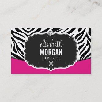 Modern Hair Stylist Black Pink Zebra Print Diamond