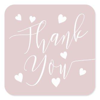 Modern hearts thank you script order dusty pink  square sticker