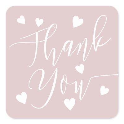 Modern hearts thank you script order dusty pink  square sticker