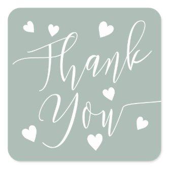 Modern hearts thank you script order sage green square sticker