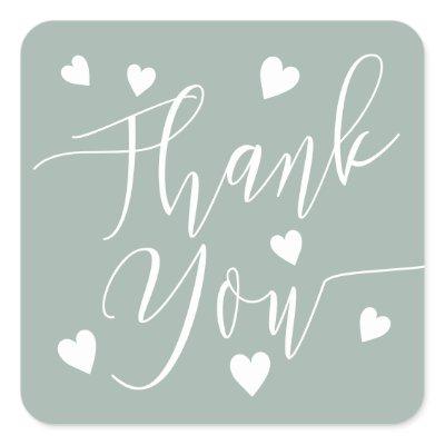 Modern hearts thank you script order sage green square sticker