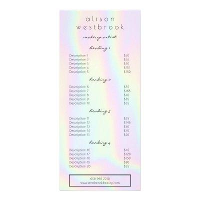 Modern holographic pastel glam salon service menu