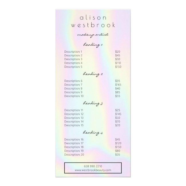 Modern holographic pastel glam salon service menu
