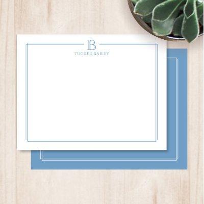 Modern Initial Light Blue Border Stationery Note Card