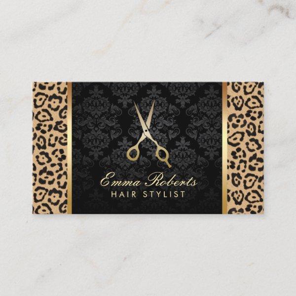 Modern Leopard Print Hair Stylist Gold Scissor