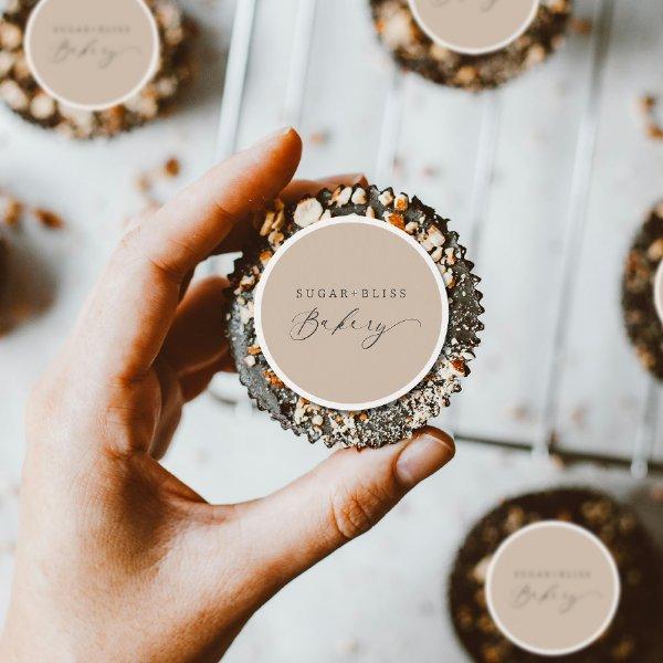 Modern Light Brown Beige Handwritten Script Bakery Edible Frosting Rounds