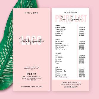Modern Logo Blush Pink Lashes Beauty Price List Rack Card