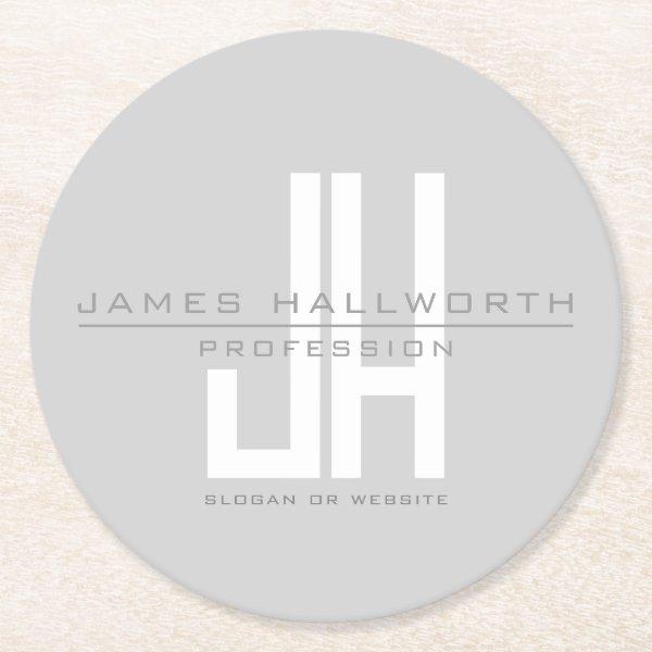Modern Looking Business Monogram | Grey Round Paper Coaster