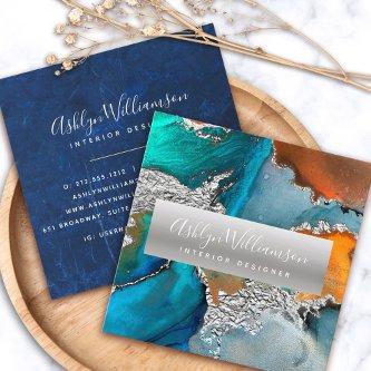 Modern marble watercolor silver turquoise script square
