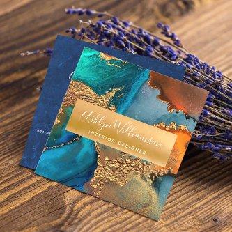Modern marble watercolor turquoise orange gold square