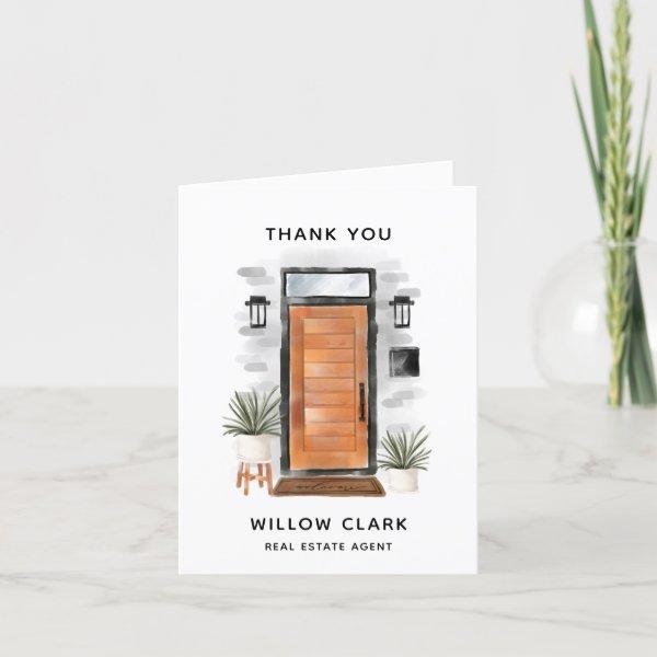 Modern Mid-Century Watercolor Wooden Front Door Thank You Card