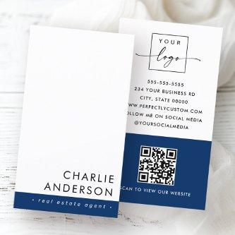 Modern minimal QR code dark blue white vertical
