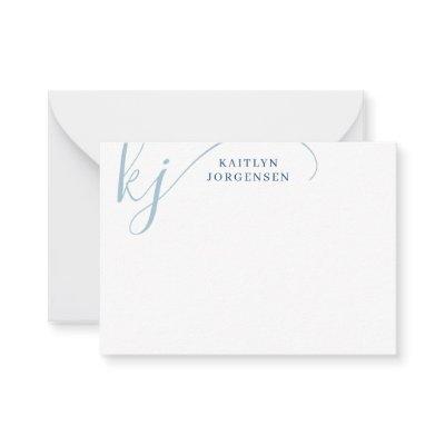 Modern Monogram Blue Fancy Script Initials Note Card