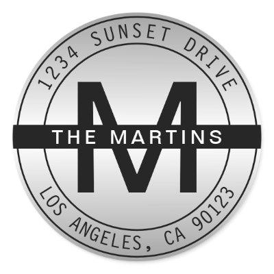 Modern Monogram & Circular Address | Gradient Grey Classic Round Sticker