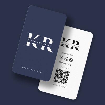 Modern Monogram Custom Name Dark Navy Blue Qr