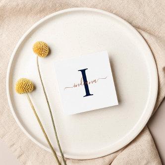 Modern Monogram Hand-Lettered Gold Navy Blue Tan Note Card